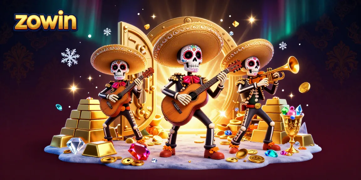 Zowin showcases a lively casino scene with colorful skeleton mariachi musicians amidst a burst of treasures.