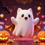 Experience thrilling lu88 gameplay with a ghost cat and vibrant casino elements in a haunted setting.