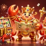 Experience thrilling wins with 13winmay's vibrant 3D illustration of a golden crab emperor ruling the casino realm around spinning slot reels.