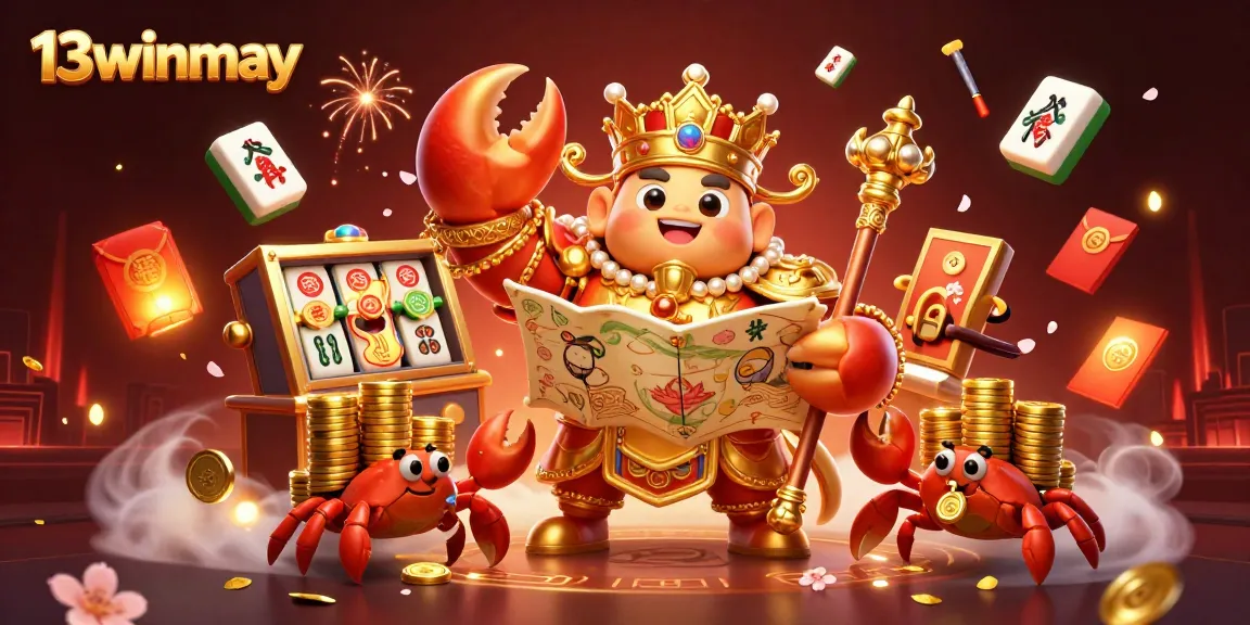 Experience thrilling wins with 13winmay's vibrant 3D illustration of a golden crab emperor ruling the casino realm around spinning slot reels.