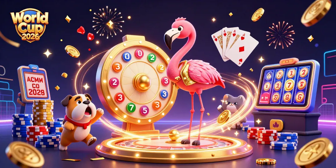 Experience the excitement of World Cup 2026 with a game show host flamingo and bulldog contestant.