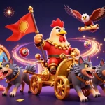 Snowballing action scene with a rooster warlord and lottery elements for an engaging gaming experience.