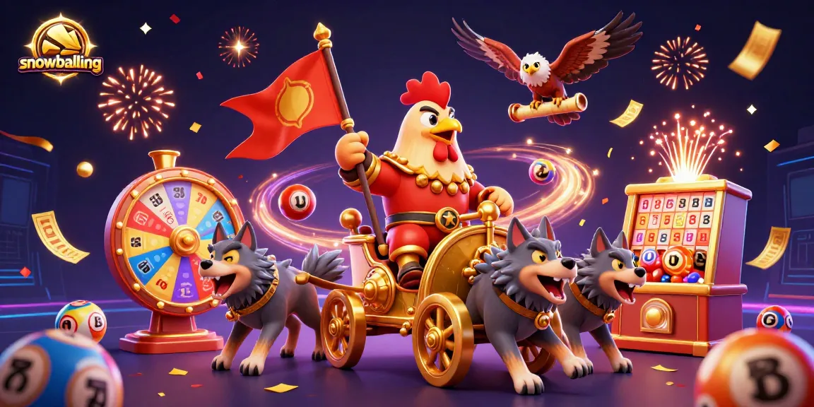 Snowballing action scene with a rooster warlord and lottery elements for an engaging gaming experience.