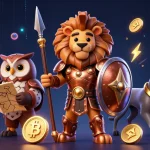 Engage with hi79 at the dynamic casino scene featuring a Spartan lion and cryptocurrency elements.