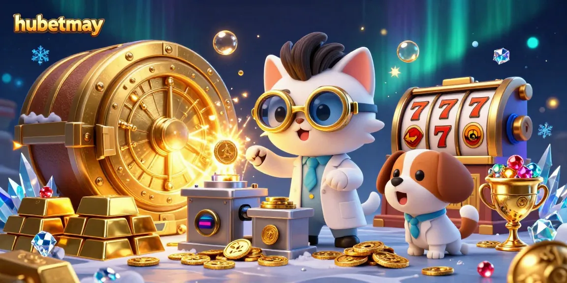 Engage with hubetmay by spinning slot reels and winning gold treasures in a vibrant casino scene.