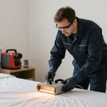 Bed bug exterminators professionally treating a bedroom with specialized heat equipment.