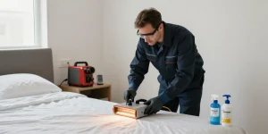 Bed bug exterminators professionally treating a bedroom with specialized heat equipment.