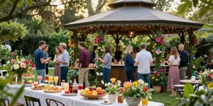 Gazebo hire London for stylish garden parties, featuring vibrant decorations and guests enjoying refreshments