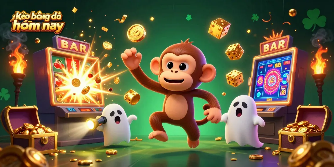 Engage in thrilling kèo bóng đá hôm nay as playful characters illuminate the haunted casino scene.