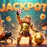 Experience the excitement of hi77 with a victory pose from a cartoon beetle in golden armor, jackpot explosion, and a vibrant casino atmosphere.