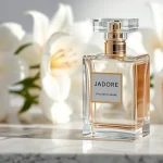 Capture the elegance of the Jadore perfume with a stunning glass bottle surrounded by white flowers.