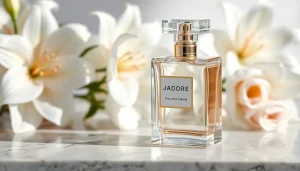 Capture the elegance of the Jadore perfume with a stunning glass bottle surrounded by white flowers.