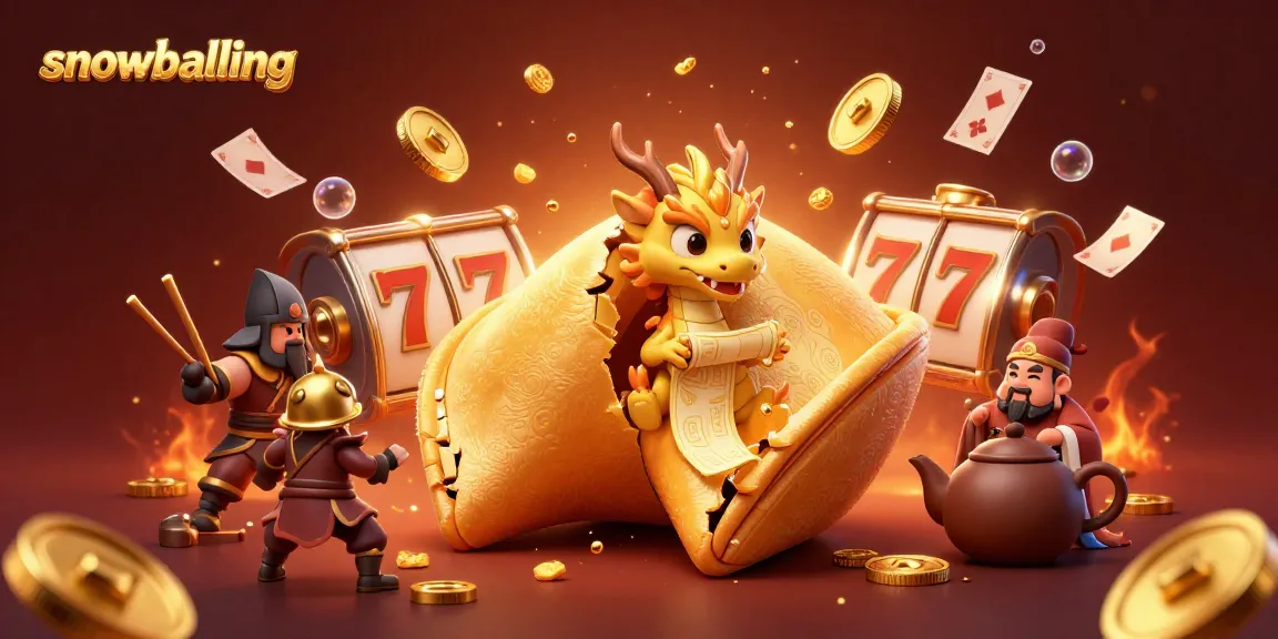 Engage in snowballing action with a giant golden fortune cookie scene packed with casino elements.