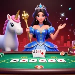 Engaging scene depicting MAX79 with vibrant poker elements and a glamorous royal character.
