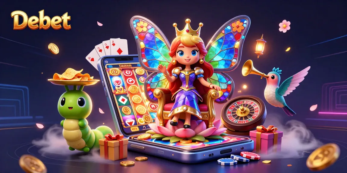 Engage with the vibrant Debet gaming universe featuring a butterfly queen and dynamic slot action.
