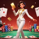 QQ88's glamorous gaming scene with a woman shuffling cards and a cat, highlighting poker excitement.