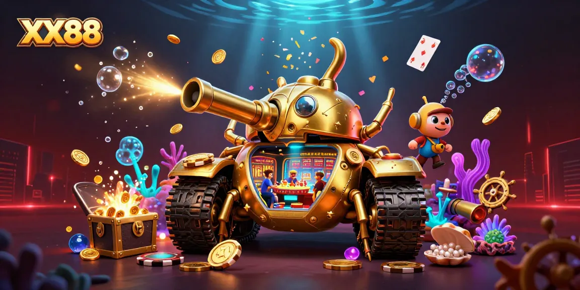 Experience the excitement of winning at XX88 with a vibrant 3D casino illustration featuring a unique beetle tank and treasures.