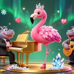 Experience snowballing action with a flamingo singer and hippo bassist in a vibrant casino scene.