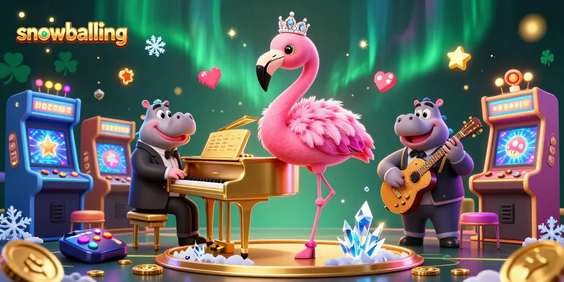 Experience snowballing action with a flamingo singer and hippo bassist in a vibrant casino scene.