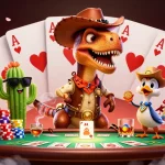 Engage with man88 at dynamic poker tables featuring a T-Rex cowboy and friends.