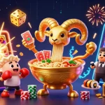 Catch the excitement as the giant ramen bowl deals cards and interacts in the lively regroup casino scene.