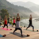 Yoga teacher training course in Rishikesh with diverse students practicing yoga poses by the Ganges River, showcasing a serene Himalayan backdrop.