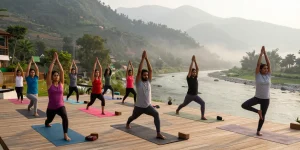 Yoga teacher training course in Rishikesh with diverse students practicing yoga poses by the Ganges River, showcasing a serene Himalayan backdrop.