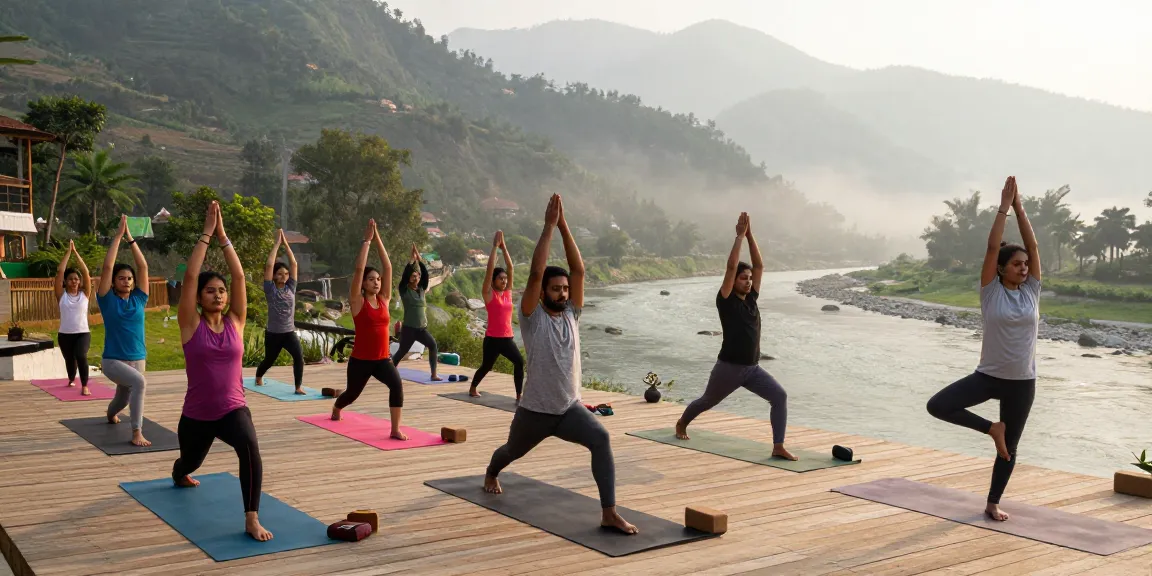 Yoga teacher training course in Rishikesh with diverse students practicing yoga poses by the Ganges River, showcasing a serene Himalayan backdrop.