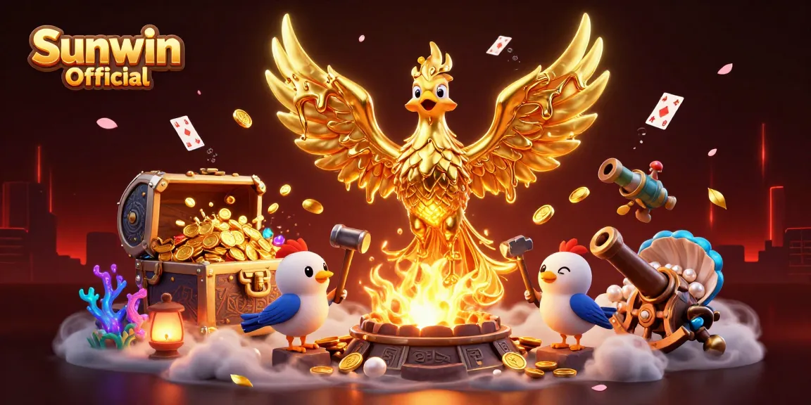 Experience the thrill of Sunwin Official with vibrant casino elements and a golden phoenix character.