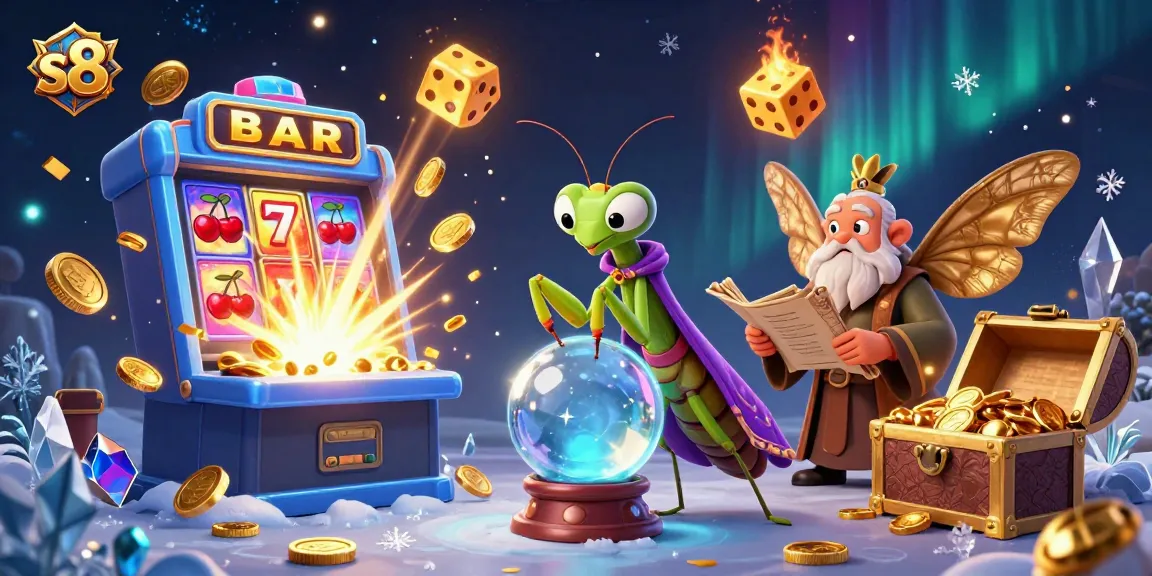 Engage in thrilling slots action with s8's magical fortune teller and a vibrant casino setting.
