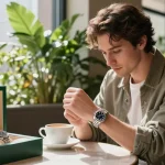 Stylish individual checking Rolex replica watch in urban café atmosphere.
