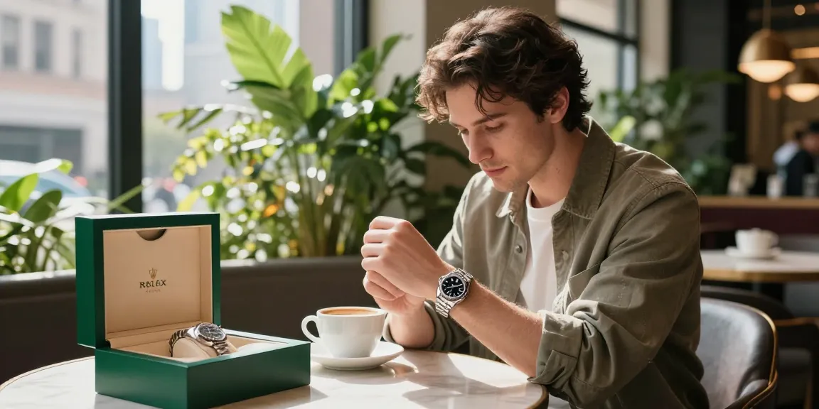 Stylish individual checking Rolex replica watch in urban café atmosphere.