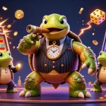 Experience engaging gaming at luck8 with a vibrant illustration of a charming turtle in mobster style and dynamic casino elements.