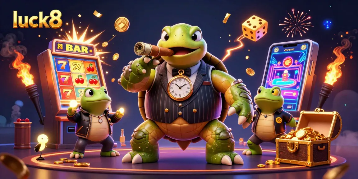 Experience engaging gaming at luck8 with a vibrant illustration of a charming turtle in mobster style and dynamic casino elements.