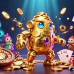 Catch the thrill of tỷ lệ kèo with dynamic golden golem, coins, and vibrant casino elements.