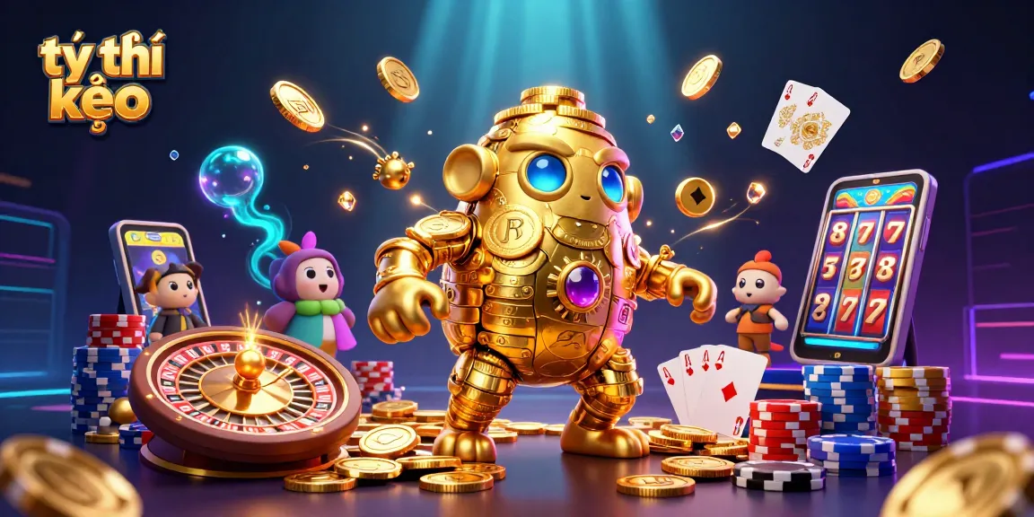 Catch the thrill of tỷ lệ kèo with dynamic golden golem, coins, and vibrant casino elements.