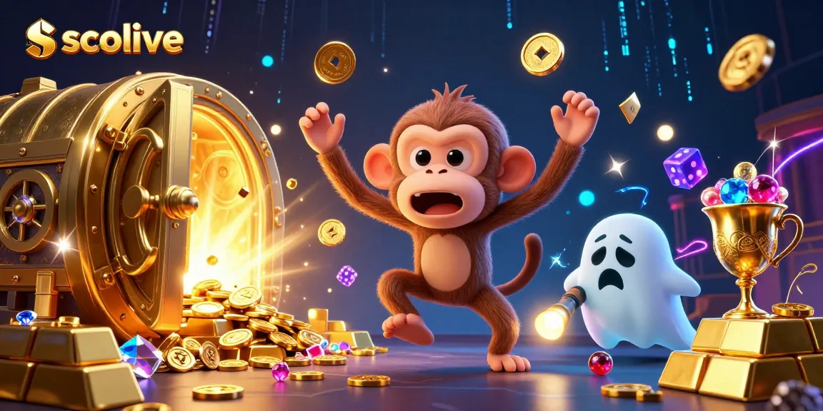 Socolive showcases a ghostly monkey juggling golden casino items in a thrilling haunted atmosphere.
