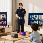 Family enjoying IPTV Services from a trusted local provider in a bright living room, showcasing community-focused service.
