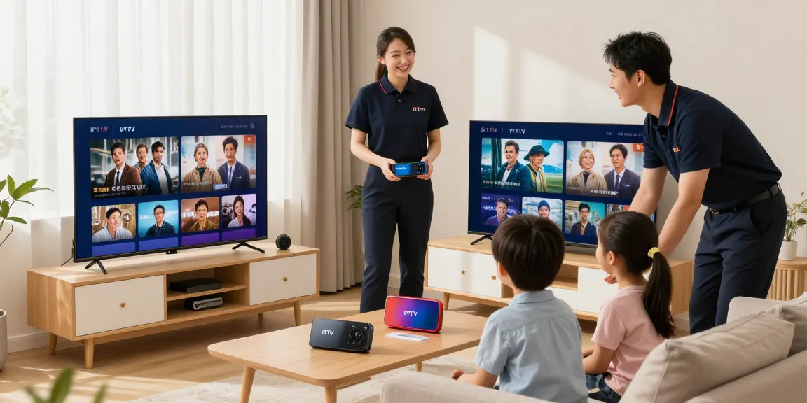 Family enjoying IPTV Services from a trusted local provider in a bright living room, showcasing community-focused service.