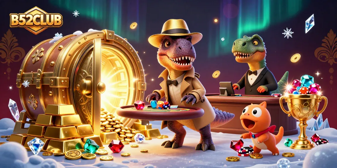 B52CLUB features playful dinosaurs at a vibrant casino, engaging players with excitement.