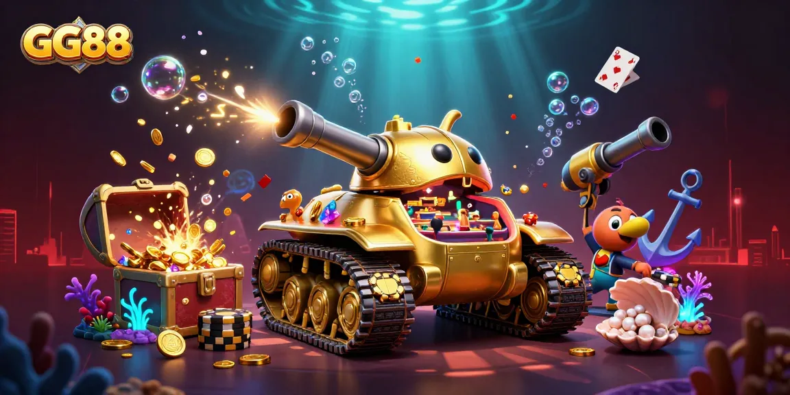 Experience exciting gaming action at GG88 with a captivating casino scene featuring golden beetles and colorful treasures.