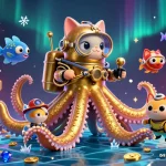 C168 welcomes players with a vibrant 3D scene featuring a kraken, diving cat, and arcade games, surrounded by gaming excitement.