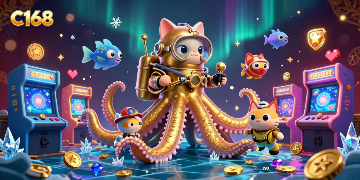 C168 welcomes players with a vibrant 3D scene featuring a kraken, diving cat, and arcade games, surrounded by gaming excitement.
