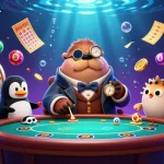 Experience the thrilling action at 68win, where a jolly walrus plays poker amidst slot reels and bright lottery balls.