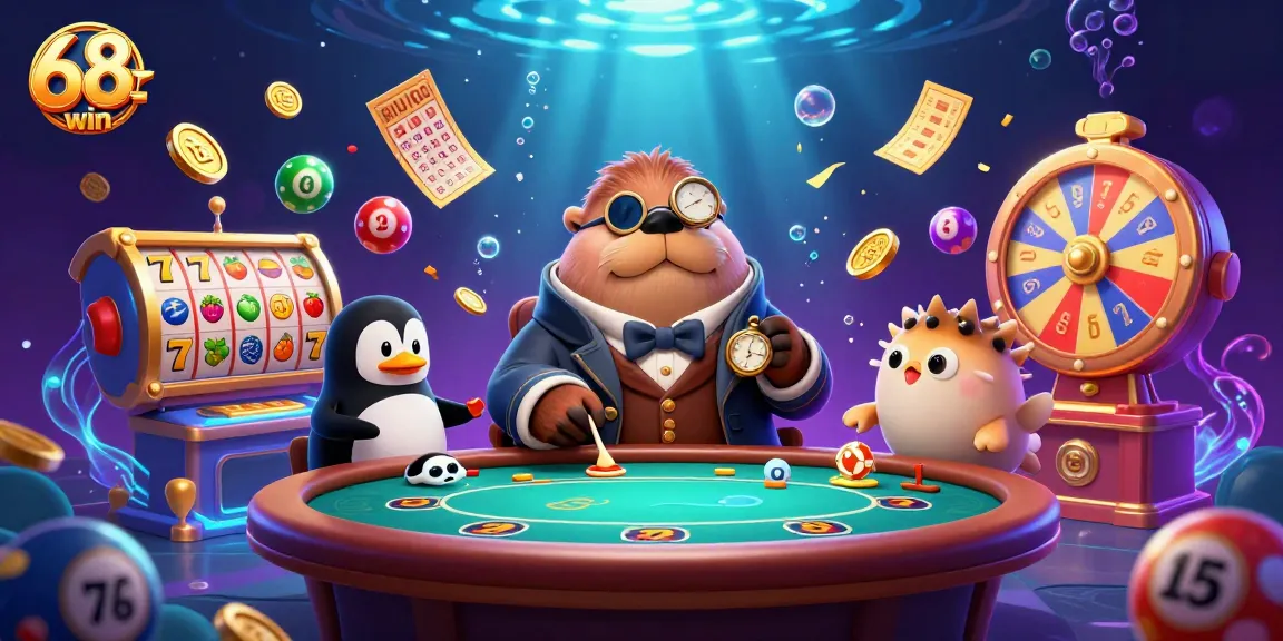 Experience the thrilling action at 68win, where a jolly walrus plays poker amidst slot reels and bright lottery balls.