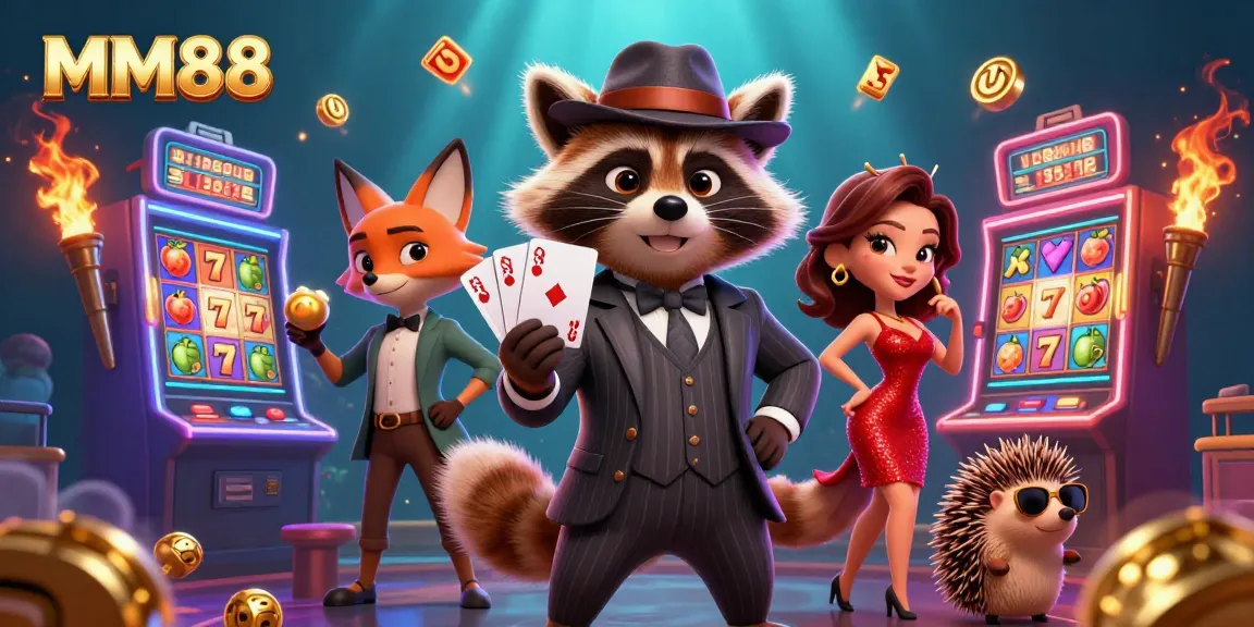 Experience thrilling wins at MM88 with a raccoon in a suit, a fox in sequins, and a hedgehog bouncer in a dynamic casino scene.