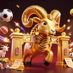Experience thrilling games with 99ok as the golden ram charges through a vibrant casino landscape.