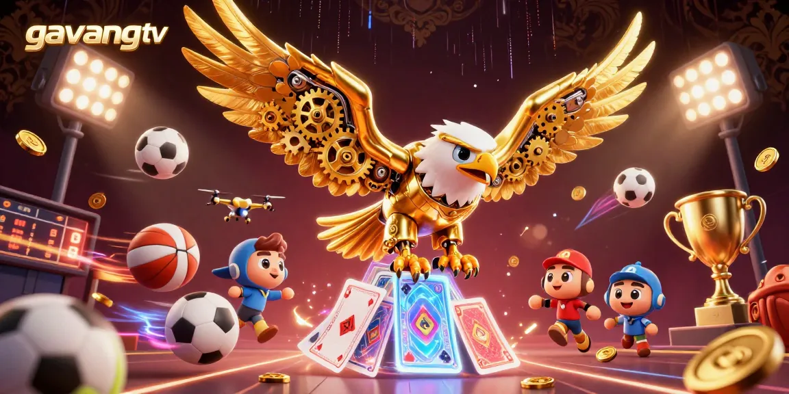 Experience thrilling moments in sports with gavangtv's vibrant 3D illustration of a golden eagle amidst flying sports elements.