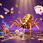 Engage with slot jepang in a lively 3D illustration featuring a golden spider, coins, and gaming elements.