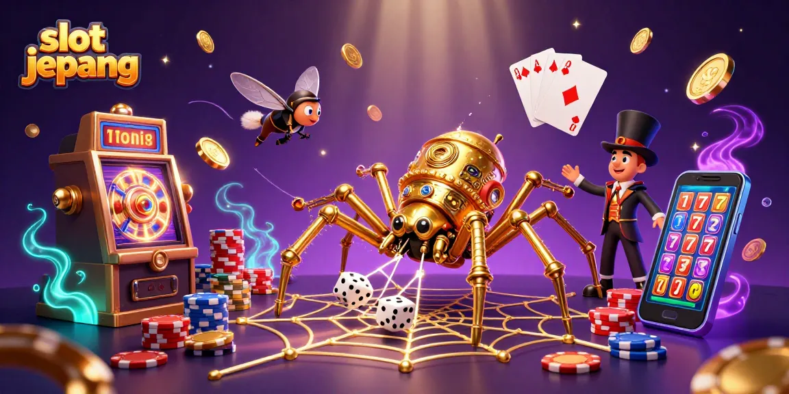 Engage with slot jepang in a lively 3D illustration featuring a golden spider, coins, and gaming elements.